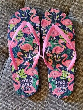 Paris Blues Navy Flip Flops with Pink Flamingo Print